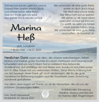 Traueranzeige von Marina Heß von Südthüringer Presse