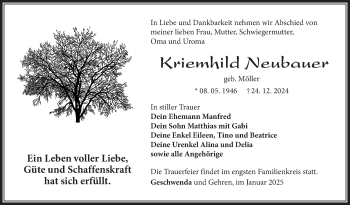 Traueranzeige von Kriemhild Neubauer von Südthüringer Presse
