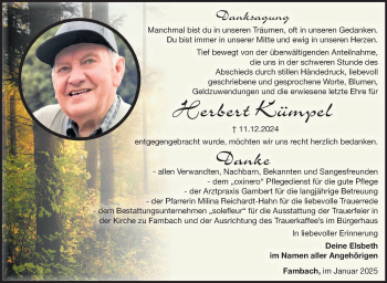 Traueranzeige von Herbert Kümpel von Südthüringer Presse