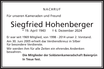 Traueranzeige von Siegfreid Hohenberger von Frankenpost