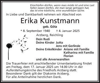 Traueranzeige von Erika Kunstmann von Frankenpost