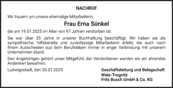 Traueranzeige von Erna Sünkel von Neue Presse Coburg