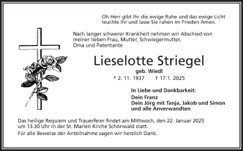 Traueranzeige von Lieselotte Striegel von Frankenpost
