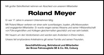 Traueranzeige von Roland Meyer von Neue Presse Coburg