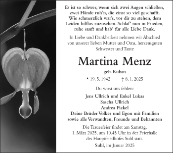 Traueranzeige von Martina Menz von Südthüringer Presse