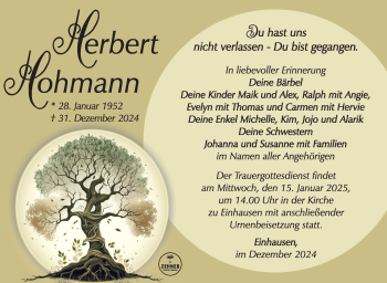 Traueranzeige von Herbert Hohmann von Südthüringer Presse