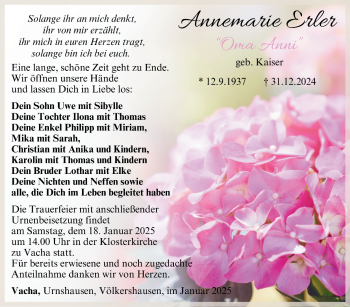 Traueranzeige von Annemarie Erler von Südthüringer Presse