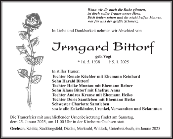 Traueranzeige von Irmgard Bittorf von Südthüringer Presse
