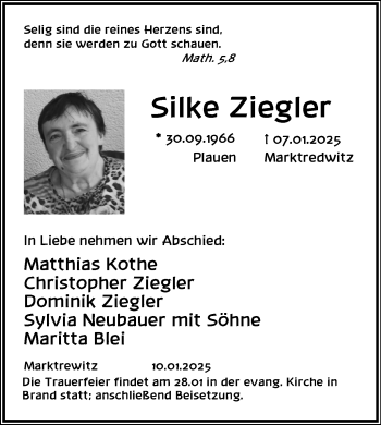 Traueranzeige von Silke Ziegler von Frankenpost