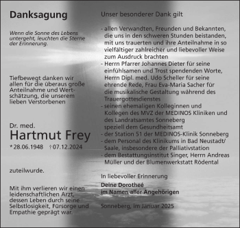 Traueranzeige von Hartmut Frey von Südthüringer Presse