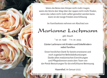Traueranzeige von Marianne Lachmann von Südthüringer Presse