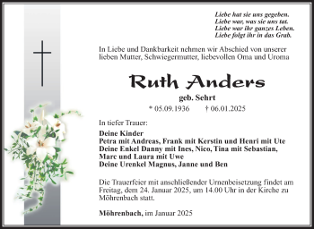 Traueranzeige von Ruth Anders von Südthüringer Presse