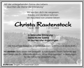 Traueranzeige von Christa Rautenstock von Südthüringer Presse