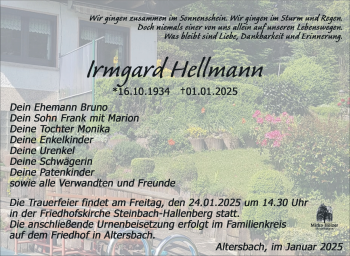 Traueranzeige von Irmgard Hellmann von Südthüringer Presse