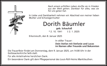 Traueranzeige von Dorith Bäumler von Frankenpost