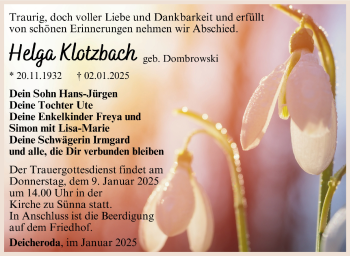 Traueranzeige von Helga Klotzbach von Südthüringer Presse