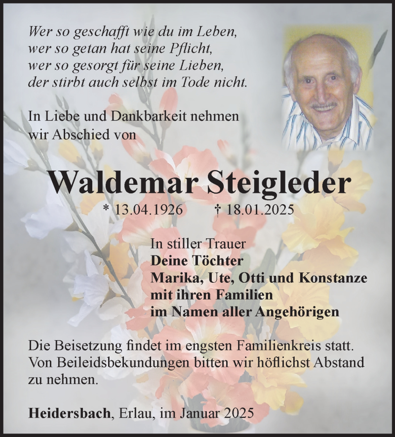  Traueranzeige für Waldemar Steigleder vom 25.01.2025 aus Südthüringer Presse