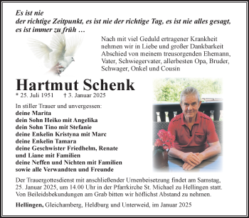Traueranzeige von Hartmut Schenk von Südthüringer Presse
