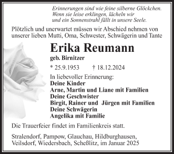 Traueranzeige von Erika Reumann von Südthüringer Presse