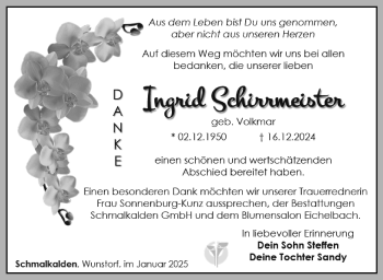 Traueranzeige von Ingrid Schirmeister von Südthüringer Presse