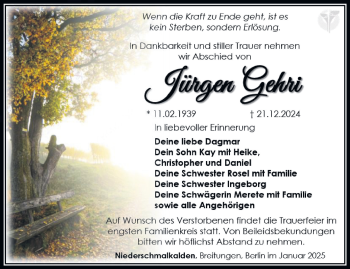 Traueranzeige von Jürgen Gehri von Südthüringer Presse
