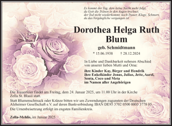 Traueranzeige von Dorothea Helga Ruth Blum von Südthüringer Presse