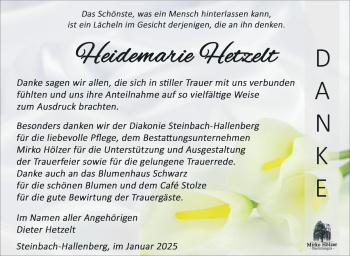 Traueranzeige von Heidemarie Hetzelt von Südthüringer Presse