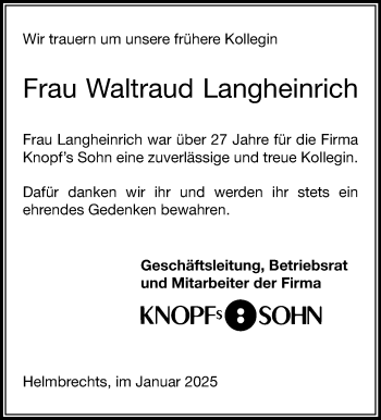 Traueranzeige von Waltraud Langheinrich von Frankenpost