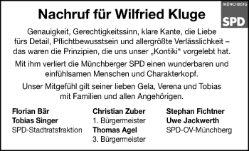 Traueranzeige von Wilfried Kluge von Frankenpost