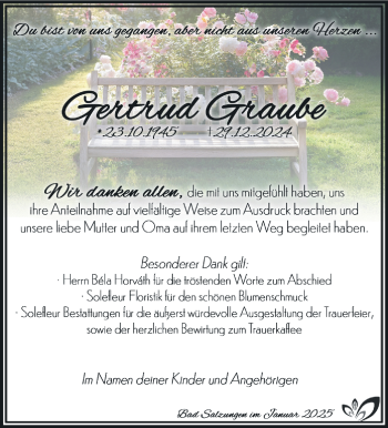 Traueranzeige von Gertrud Graube von Südthüringer Presse