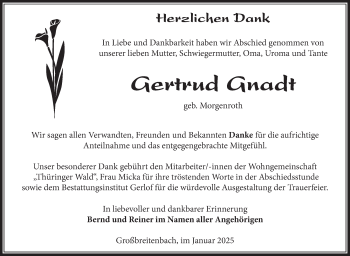 Traueranzeige von Gertrud Gnadt von Südthüringer Presse