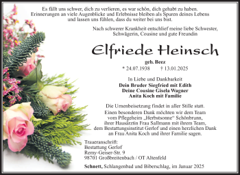 Traueranzeige von Elfriede Heinsch von Südthüringer Presse