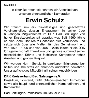 Traueranzeige von Erwin Schulz von Südthüringer Presse