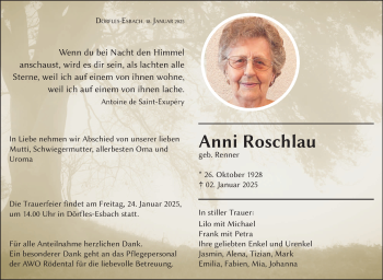 Traueranzeige von Anni Roschlau von Neue Presse Coburg