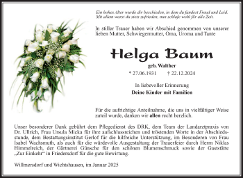 Traueranzeige von Helga Baum von Südthüringer Presse