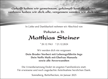 Traueranzeige von Matthias Steiner von Südthüringer Presse