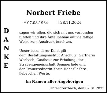Traueranzeige von Norbert Friebe von Südthüringer Presse