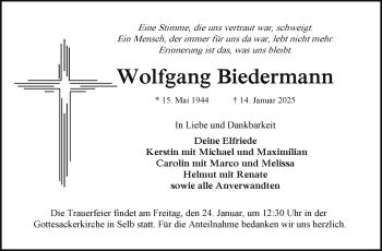 Traueranzeige von Wolfgang Biedermann von Frankenpost