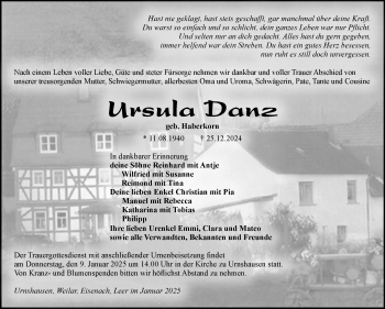 Traueranzeige von Ursula Danz von Südthüringer Presse