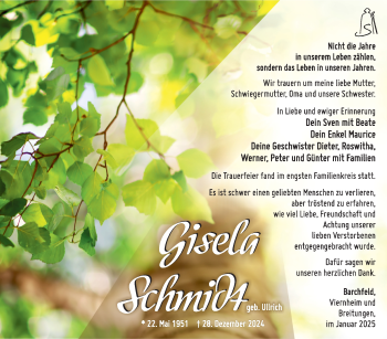 Traueranzeige von Gisela Schmidt von Südthüringer Presse