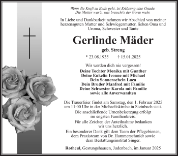 Traueranzeige von Gerlinde Mäder von Südthüringer Presse