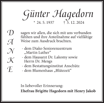 Traueranzeige von Günter Hagedorn von Südthüringer Presse