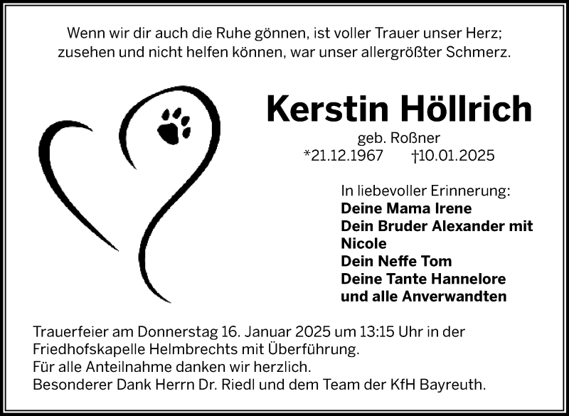  Traueranzeige für Kerstin Höllrich vom 15.01.2025 aus Frankenpost