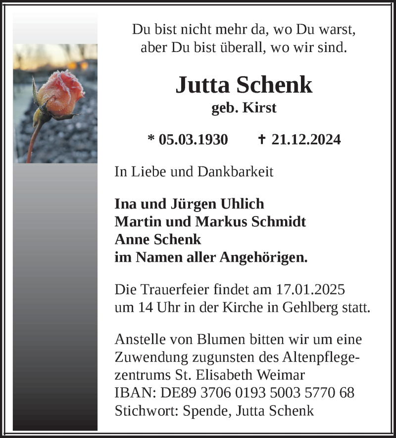  Traueranzeige für Jutta Schenk vom 10.01.2025 aus Südthüringer Presse