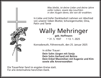 Traueranzeige von Wally Mehringer von Frankenpost