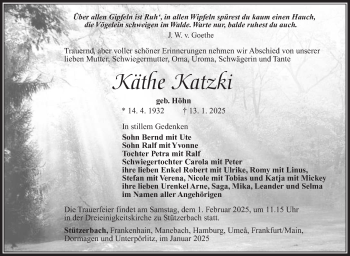 Traueranzeige von Käthe Katzki von Südthüringer Presse