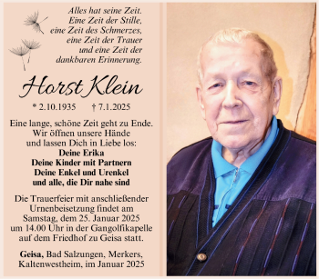 Traueranzeige von Horst Klein von Südthüringer Presse