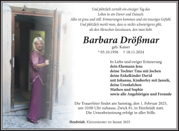 Traueranzeige von Barbara Drößmar von Südthüringer Presse