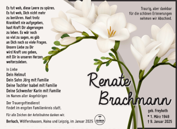 Traueranzeige von Renate Brachmann von Südthüringer Presse