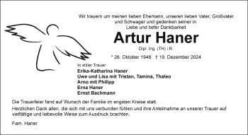 Traueranzeige von Artur Haner von Frankenpost
